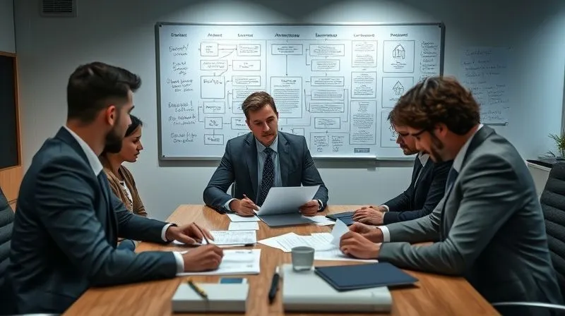 A photorealistic image of a legal team collaborating around a table, reviewing digital documents and discussing compliance strategies for athlete NIL deals. A whiteboard in the background shows complex flowcharts and regulations. professional photography, 8K, cinematic lighting, sharp focus, depth of field, shot on a high-end DSLR.