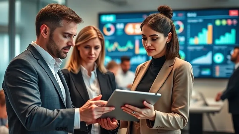 A photorealistic image showing a diverse group of professionals in a modern office. In the foreground, two auditors (one male, one female, both mid-40s, professional attire) are reviewing documents and data on a tablet, with a focused, analytical expression. In the blurred background, a large screen displays various ESG metrics and charts. The scene conveys diligence, verification, and accountability in the context of ESG reporting. Cinematic lighting, sharp focus, depth of field, 8K hyper-detailed.