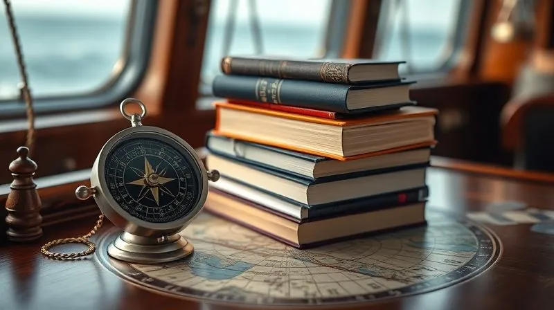 A photorealistic image of a compass and a stack of contemporary legal journals on a ship's chart table, symbolizing guidance and continuous learning in evolving maritime law. Professional photography, 8K, cinematic lighting, sharp focus on the compass and journals, depth of field blurring the background, shot on a high-end DSLR.