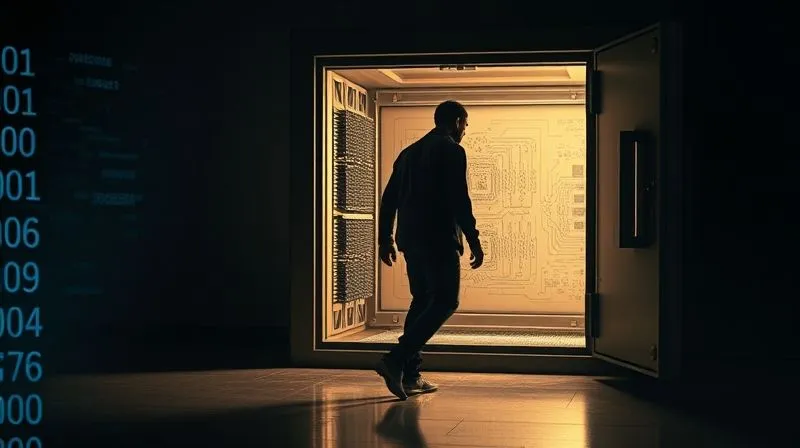 Photorealistic image of a shadowy figure walking away from an open safe, leaving behind a faint trail of digital data. The safe is lit from within, revealing complex circuit boards and schematics. Cinematic lighting, sharp focus on the figure and data trail, depth of field blurring the background, 8K hyper-detailed, professional photography, shot on a high-end DSLR.
