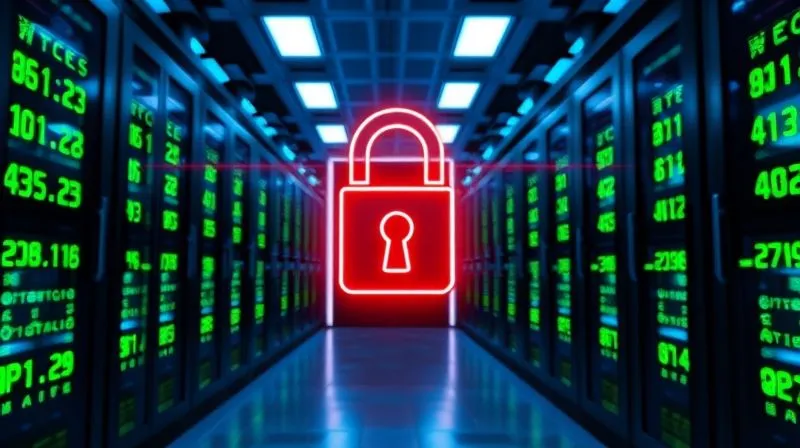 Photorealistic image of a highly secure data center, glowing blue and green, with multiple layers of biometric scanners and reinforced doors visible. A digital padlock icon floats in the foreground. Cinematic lighting, sharp focus on the security elements, depth of field blurring the background, 8K hyper-detailed, professional photography, shot on a high-end DSLR.