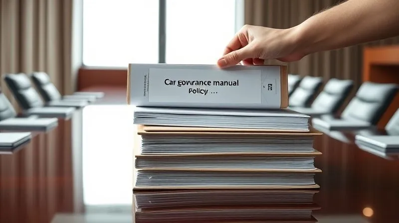 A photorealistic, professional photography, 8K, cinematic lighting, sharp focus, depth of field, shot on a high-end DSLR, of a stack of neatly organized policy binders on a polished boardroom table, with a hand (out of focus) about to open the top binder titled 'Corporate Governance Manual'. The light is bright and clear, emphasizing transparency and order.