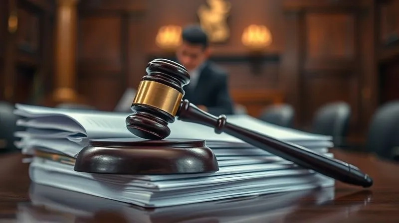 A photorealistic close-up of a judge's gavel resting on a stack of legal documents, with a blurred background of a courtroom. The lighting is solemn, conveying the gravity of legal decisions. 8K, cinematic lighting, sharp focus, depth of field, shot on a high-end DSLR.