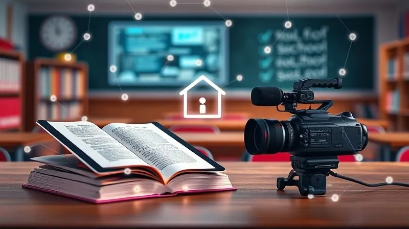 A photorealistic image depicting various forms of intellectual property – a book, a tablet displaying digital content, a school logo, and a video camera – all connected by subtle, glowing legal lines, symbolizing protection and interconnectedness. The background is a blurred K-12 classroom setting. Photorealistic, professional photography, 8K, cinematic lighting, sharp focus, depth of field, shot on a high-end DSLR.
