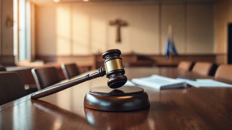 A photorealistic image of a gavel on a polished wooden desk in a modern, minimalist courtroom, with legal documents scattered neatly. The lighting is sharp and authoritative, emphasizing justice and resolution. Professional photography, 8K, cinematic lighting, sharp focus on the gavel, depth of field. Shot on a high-end DSLR.