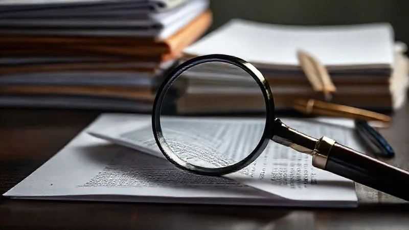 Photorealistic, professional photography, 8K, cinematic lighting, sharp focus, depth of field, shot on a high-end DSLR. A detailed legal document, partially unrolled, with a magnifying glass meticulously examining fine print. Behind it, a stack of organized folders and a quill pen, symbolizing careful legal review and precise execution. The scene conveys diligence, accuracy, and the complexity of legal planning.