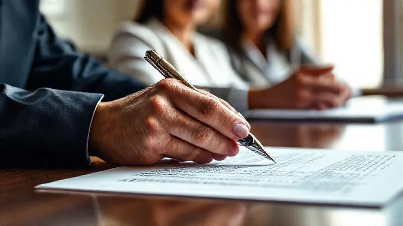 A photorealistic close-up of a legal document titled 'Special Needs Trust Agreement' being signed by a hand holding an elegant pen, with a blurred background showing a supportive family member and a legal professional. The scene is well-lit, conveying seriousness and care. 8K, cinematic lighting, sharp focus, depth of field, shot on a high-end DSLR.