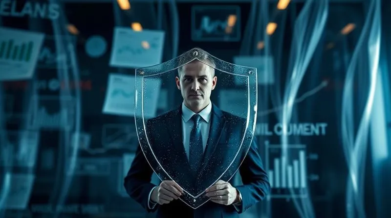 A photorealistic image of a shimmering, semi-transparent corporate veil or shield, with a person standing securely behind it, while outside, blurred legal documents and financial graphs swirl menacingly. Professional photography, 8K, cinematic lighting, sharp focus on the shield and person, depth of field blurring the background, shot on a high-end DSLR.
