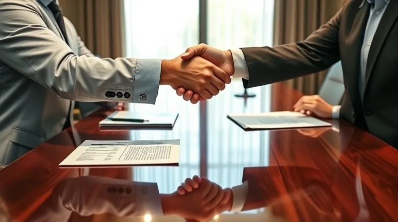 A photorealistic image of a business owner shaking hands with a legal professional and an accountant across a polished conference table, with legal texts and financial spreadsheets subtly visible. Professional photography, 8K, cinematic lighting, sharp focus on the handshake, depth of field blurring the background, shot on a high-end DSLR.