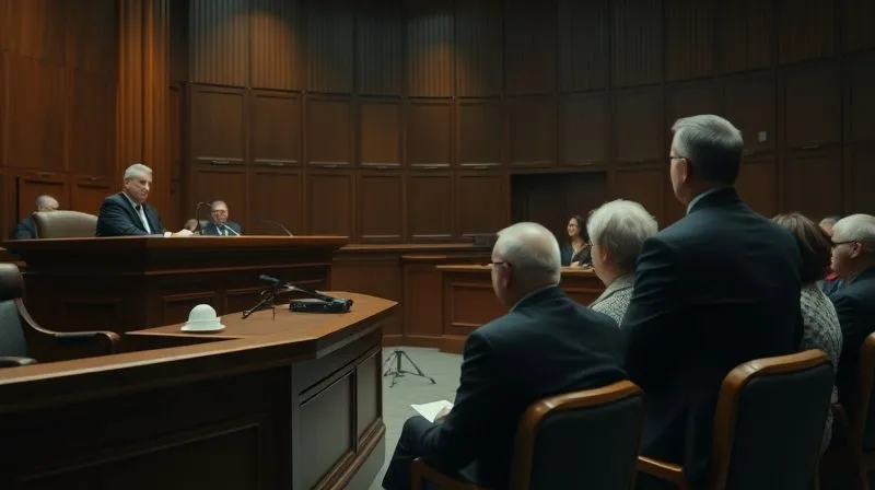 photorealistic, professional photography, 8K, cinematic lighting, sharp focus, depth of field, shot on a high-end DSLR. A somber, dignified courtroom scene with a judge on the bench, a lawyer presenting arguments, and a few family members seated in the gallery. The lighting is low-key, emphasizing the gravity of the proceedings. No visible faces of the incapacitated person.