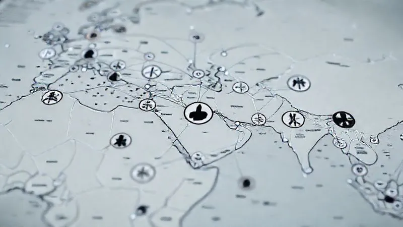A photorealistic, professional photography, 8K, cinematic lighting, sharp focus, depth of field, shot on a high-end DSLR of a complex map overlaid with digital lines connecting various non-state armed group symbols to international law symbols, illustrating the intricate web of accountability in modern conflict zones, with a somber and serious tone.