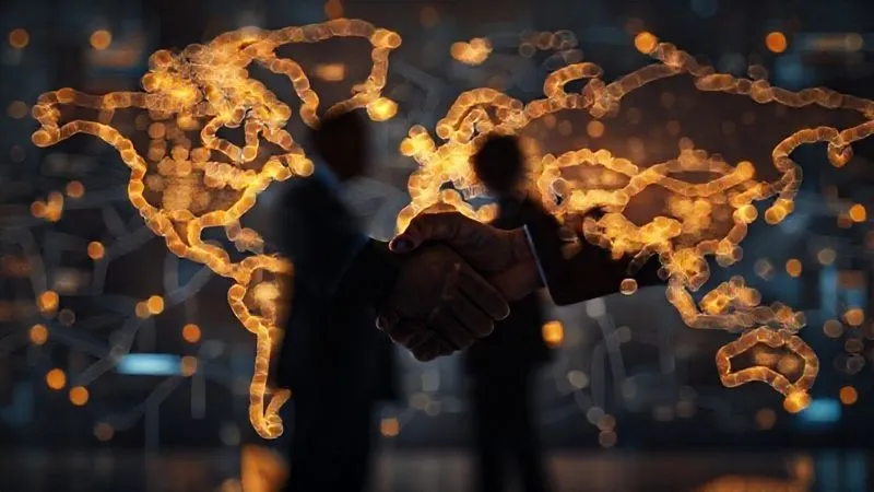 A photorealistic, professional photography, 8K, cinematic lighting, sharp focus, depth of field, shot on a high-end DSLR of a stylized, abstract representation of diplomatic negotiations and legal challenges, with blurred figures shaking hands in the foreground and a complex, glowing network of legal documents and international borders in the background, conveying the difficulty of international cooperation for justice.