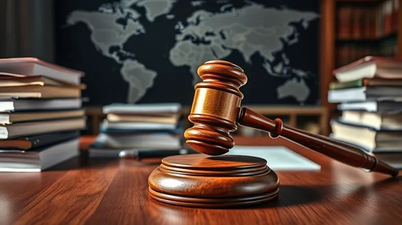 A photorealistic image of a gavel striking a sound block on a polished wooden desk, surrounded by stacks of legal documents and international law books, with a blurred background showing a global map. Cinematic lighting creates dramatic shadows, sharp focus on the gavel, depth of field. 8K hyper-detailed, shot on a high-end DSLR, conveying legal authority and the gravity of international arbitration.