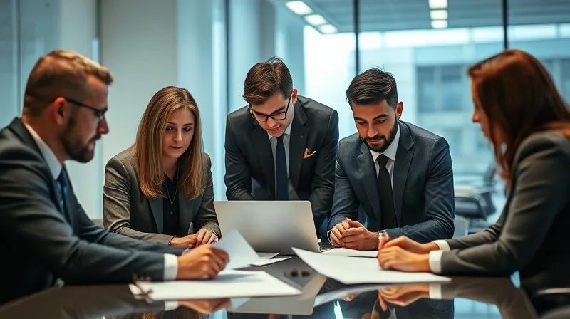 A photorealistic image of a legal team in a modern, sleek conference room, intensely focused on documents and a laptop, with a sense of urgency and determination. Cinematic lighting highlights their faces, sharp focus, depth of field blurring the background, 8K hyper-detailed.