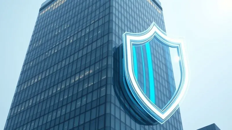 A photorealistic image of a strong, modern business building with a transparent, glowing shield surrounding it, symbolizing protection and resilience. The lighting is bright and optimistic, sharp focus, depth of field, 8K hyper-detailed.