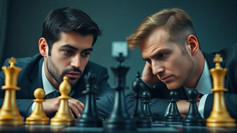 A photorealistic image of two chess players, one looking thoughtfully at the board, the other with a slight smirk, representing anticipation and strategic planning in a corporate legal context. Cinematic lighting, sharp focus on the chess pieces and players' faces, depth of field, 8K, shot on a high-end DSLR.