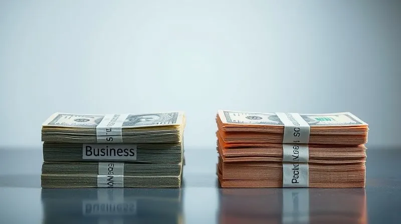 A photorealistic image of two distinct stacks of currency, one clearly labeled 'Business' and the other 'Personal', separated by a strong, transparent barrier. Cinematic lighting, sharp focus on the separation, depth of field blurring the background, 8K hyper-detailed.
