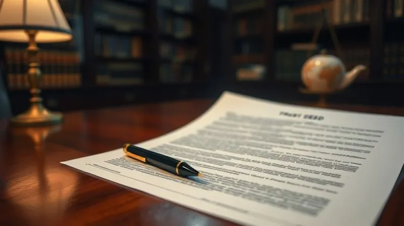 A photorealistic image of intricate legal documents, possibly a trust deed or partnership agreement, spread out on a polished wooden desk, with a pen resting beside them. The background shows a dimly lit, sophisticated law office with bookshelves. Cinematic lighting, sharp focus on the documents, depth of field, 8K hyper-detailed.