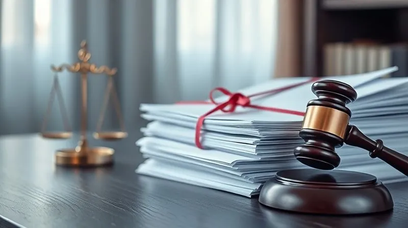 A photorealistic, professional photography shot of a stack of legal documents tied with a red ribbon, alongside a gavel and a small scale of justice, on a dark wooden desk. The scene is illuminated by soft, focused light, creating a sense of gravity and meticulous detail. Sharp focus on the documents, depth of field blurring the background. 8K hyper-detailed, shot on a high-end DSLR.