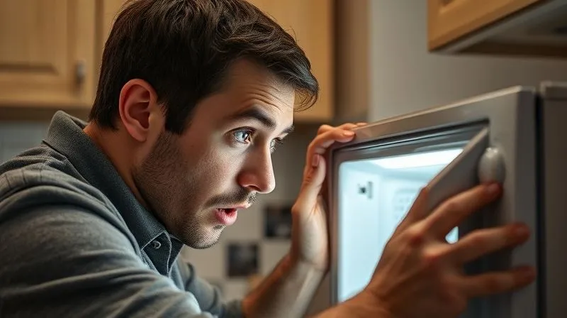 A photorealistic image of a person carefully examining a common household appliance that appears to have malfunctioned, with a look of surprise and concern. The background shows a typical home kitchen setting. Cinematic lighting, sharp focus on the appliance and person's expression, depth of field, 8K hyper-detailed, professional photography, shot on a high-end DSLR.