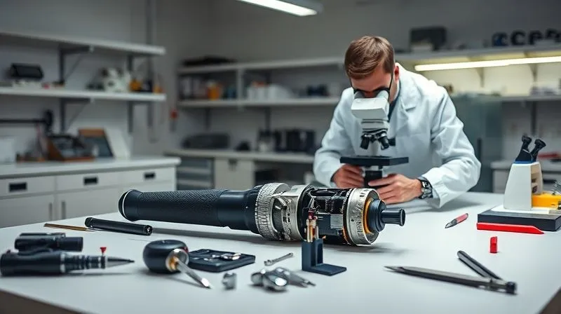 A photorealistic image inside a clean, modern forensic engineering lab. A disassembled product (e.g., a power tool or a small appliance) is laid out on a sterile workbench, with various precision tools and measuring devices around it. A focused engineer in a lab coat is using a high-magnification microscope to examine a specific component. Cinematic lighting, sharp focus on the engineer and the product, depth of field, 8K hyper-detailed, professional photography, shot on a high-end DSLR.