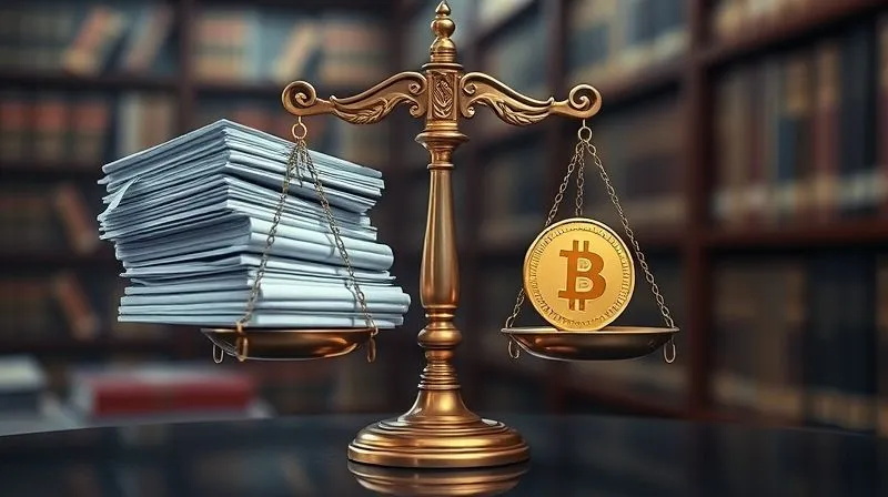 A photorealistic image of a classic brass scale of justice, perfectly balanced, with a stack of complex legal documents on one side and a single, heavy gold coin on the other, symbolizing the delicate balance between justice and corporate profit. Cinematic lighting, sharp focus, depth of field blurring a legal library in the background, 8K hyper-detailed.