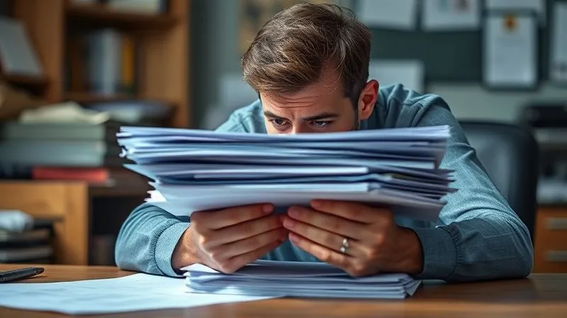 A photorealistic image of a person sitting at a desk, looking frustrated and overwhelmed by a stack of confusing, official-looking documents. Their head is in their hands, with a blurry background suggesting a messy office or home environment. Cinematic lighting, sharp focus on the person's expression of despair, 8K hyper-detailed.
