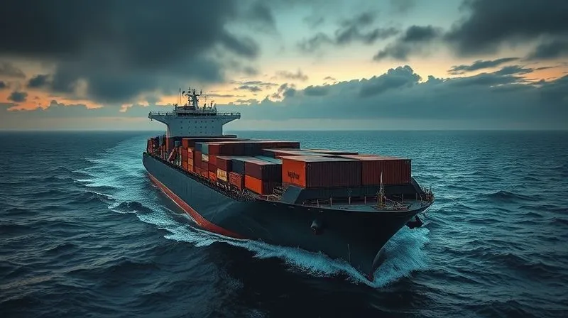A photorealistic image of a vast container ship sailing through choppy seas at dusk, with a single, subtly damaged container visible on deck, casting an ominous shadow. Professional photography, 8K, cinematic lighting, sharp focus on the ship and container, depth of field blurring the distant horizon, shot on a high-end DSLR. The mood is one of impending challenge and resilience.