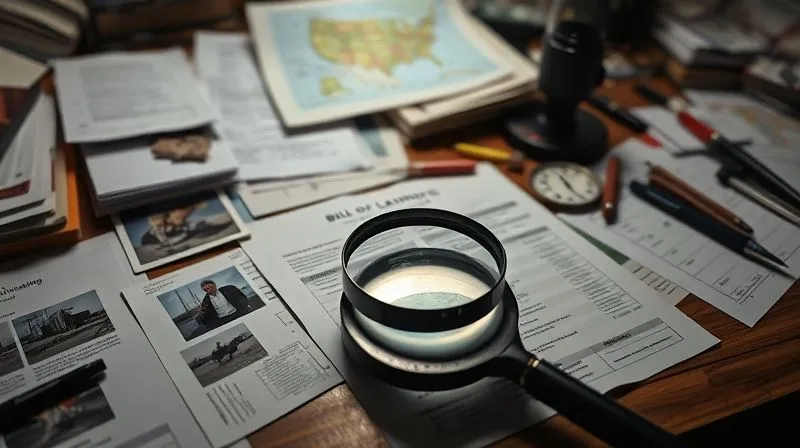 A photorealistic image of a cluttered but organized detective's desk, with various documents, magnified photographs of cargo damage, a map of shipping routes, and a magnifying glass resting on a bill of lading. Cinematic lighting highlights the intricate details, sharp focus on the central documents, depth of field blurring the background. Professional photography, 8K, shot on a high-end DSLR, conveying meticulous investigation.