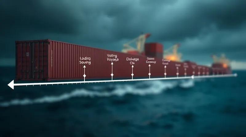 A photorealistic timeline graphic, visually representing the journey of a cargo container from origin to destination, with key events like 'Loading', 'Voyage', 'Storm', 'Discharge', and 'Damage Discovery' clearly marked. Arrows connect the 'Storm' event to the 'Damage Discovery' point, illustrating causation. Professional photography, 8K, cinematic lighting, sharp focus on the timeline, depth of field blurring the background elements. Shot on a high-end DSLR, conveying clarity and logical progression.