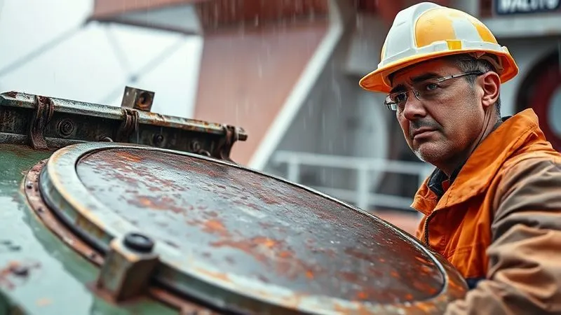 Photorealistic image of a ship's deck, focusing on a partially open cargo hatch cover with visible signs of rust and wear. Rain streaks down the metal, emphasizing potential leakage points. A ship's engineer, wearing a hard hat, inspects the seal with a concerned expression. Professional photography, 8K, cinematic lighting, sharp focus on the hatch, depth of field blurring the background, shot on a high-end DSLR.