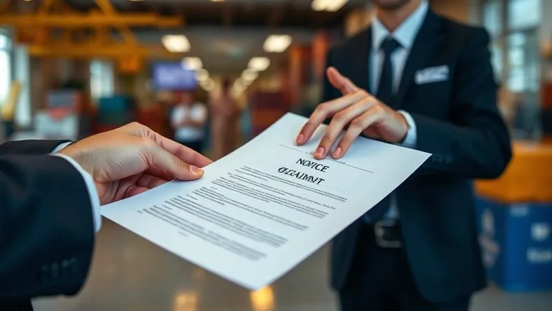A photorealistic close-up of hands exchanging a formal document, possibly a notice of claim, between a maritime lawyer and a shipping agent, set against a blurred background of a bustling port office. The document is in sharp focus, showing legal text. Professional photography, 8K, cinematic lighting, depth of field, shot on a high-end DSLR.