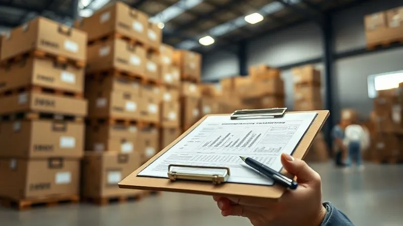 A photorealistic image depicting a stack of water-damaged cardboard boxes being carefully assessed in a well-lit warehouse. A clipboard with financial figures is in the foreground, with a calculator and a pen. The scene conveys a sense of meticulous financial evaluation after a loss. Professional photography, 8K, cinematic lighting, sharp focus on the financial documents, depth of field blurring the background, shot on a high-end DSLR.