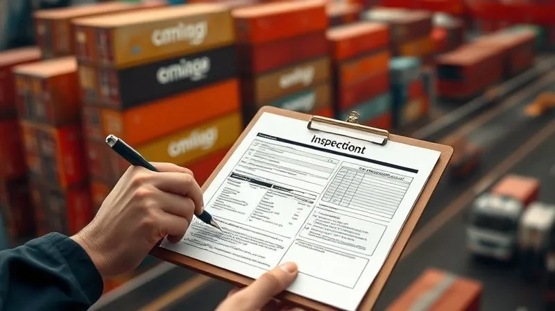 A photorealistic image of a detailed inspection report on a clipboard, with a hand holding a pen, overlooking a stack of damaged cargo containers on a busy port. Cinematic lighting, sharp focus on the report, depth of field blurring the background. Professional photography, 8K hyper-detailed, shot on a high-end DSLR.