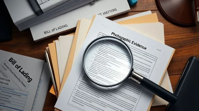 A photorealistic top-down view of a well-organized legal desk, with neatly stacked folders labeled 'Bills of Lading', 'Survey Reports', 'Vessel Logs', and 'Photographic Evidence'. A magnifying glass rests on an open folder, with cinematic lighting and sharp focus on the documents. Professional photography, 8K hyper-detailed, shot on a high-end DSLR.