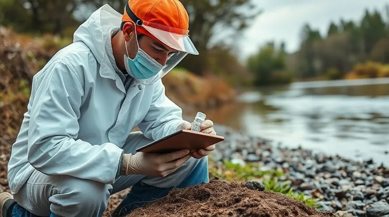 A photorealistic professional photograph of environmental scientists in protective gear, meticulously collecting soil and water samples near a riverbank. One scientist is taking notes on a tablet, another is carefully filling a sample vial, with specialized equipment visible. Cinematic lighting, sharp focus on the sampling process, depth of field blurring the background, 8K hyper-detailed, shot on a high-end DSLR.