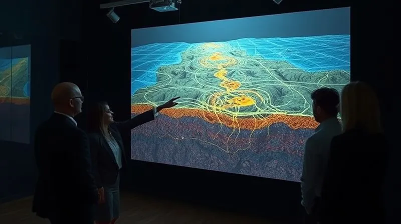 A photorealistic professional photograph of a sophisticated 3D visualization of a contaminant plume spreading through groundwater, projected onto a large transparent screen in a darkened room. A legal team is observing the visualization, with one person pointing to a specific area on the screen. The visualization shows intricate hydrological pathways and concentration gradients. Cinematic lighting, sharp focus on the 3D model and the observing team, depth of field blurring the background, 8K hyper-detailed, shot on a high-end DSLR.