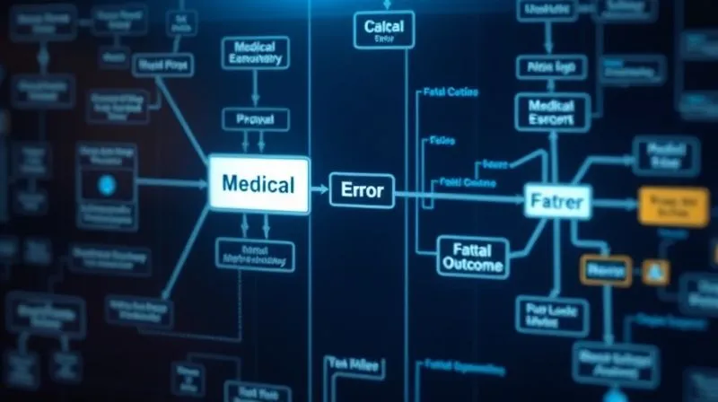 A photorealistic, professional photography, 8K, cinematic lighting, sharp focus, depth of field, shot on a high-end DSLR, showing a complex, illuminated flowchart or diagram depicting a causal chain. One path, clearly highlighted, leads from a 'Medical Error' node to a 'Fatal Outcome' node, with other potential paths dim or broken, emphasizing direct causation.