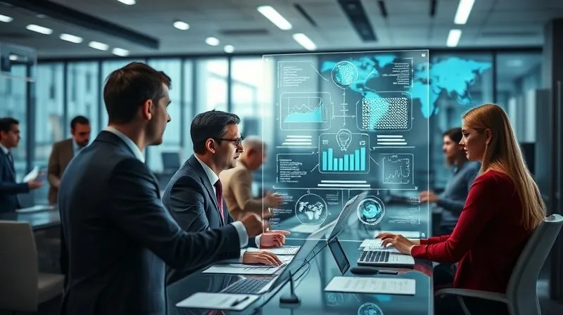 A photorealistic image of a futuristic legal tech office, with holographic displays showing complex contract graphs and secure data flows. A diverse team of legal and tech experts collaborates, with one individual interacting with a transparent touchscreen displaying AI-driven contract analysis. Cinematic lighting, sharp focus on the holographic data, depth of field blurring the bustling high-tech environment. 8K hyper-detailed, professional photography, shot on a high-end DSLR.