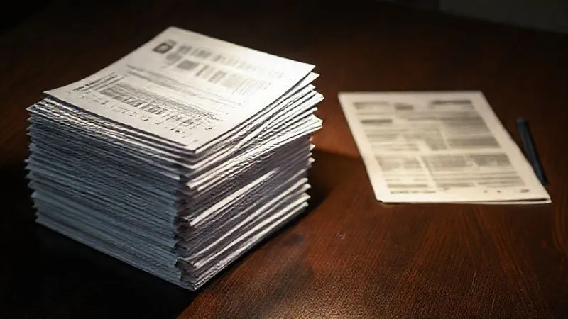 A stack of meticulously organized financial documents, bank statements, and police reports related to identity theft, illuminated by a focused beam of light on a dark wooden table. Photorealistic, professional photography, 8K, cinematic lighting, sharp focus, depth of field, shot on a high-end DSLR.