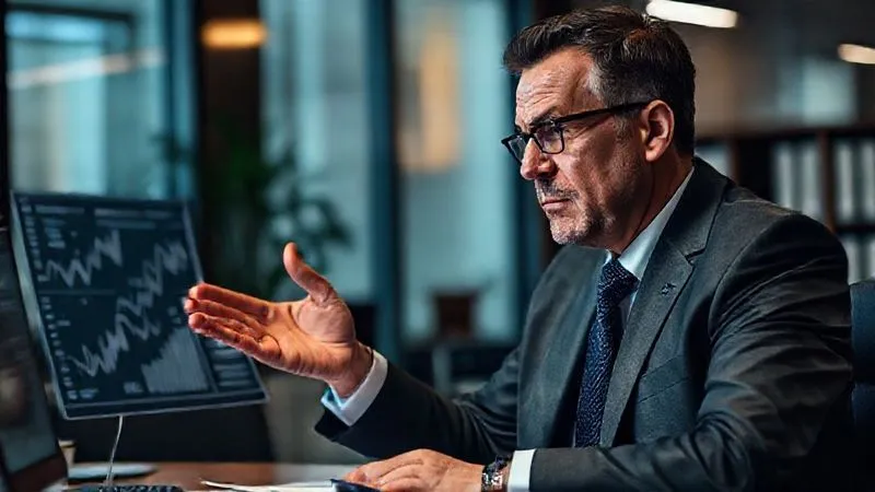 A serious, empathetic legal expert or financial forensic specialist, mid-conversation, gesturing towards a complex financial chart or document in a professional office setting. Photorealistic, professional photography, 8K, cinematic lighting, sharp focus on the expert, depth of field blurring the background, shot on a high-end DSLR.