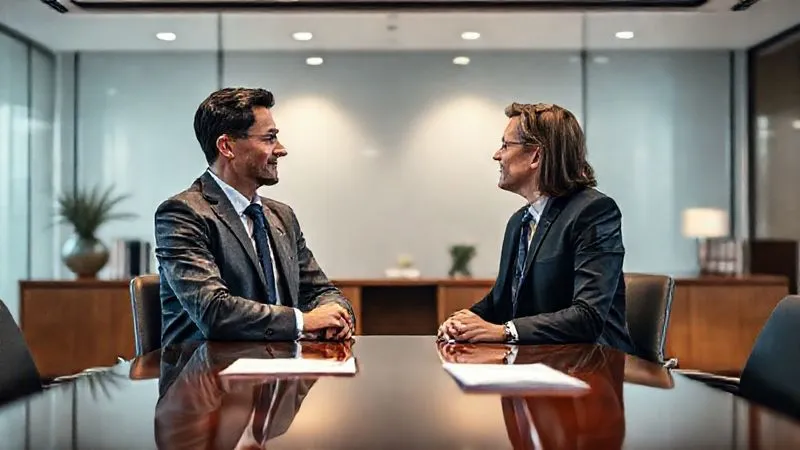 Two individuals, one appearing as a lawyer and the other as a client, seated across a polished desk in a modern law office, engaged in a serious but reassuring discussion, with legal texts subtly blurred in the background. Photorealistic, professional photography, 8K, cinematic lighting, sharp focus on the individuals, depth of field, shot on a high-end DSLR.