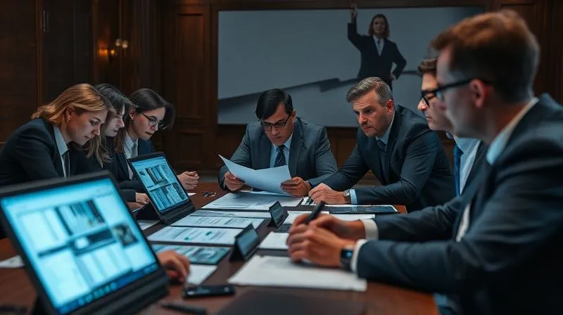 photorealistic, professional photography, 8K, cinematic lighting, sharp focus, depth of field, shot on a high-end DSLR, a diverse team of legal professionals, a forensic accountant, and a private investigator gathered around a large table, intensely discussing documents and digital displays, conveying collaboration and expertise in a high-stakes legal setting.