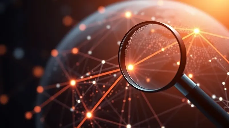photorealistic, professional photography, 8K, cinematic lighting, sharp focus, depth of field, shot on a high-end DSLR, a stylized globe with interconnected glowing lines representing financial networks and data flows, with a single, brightly lit path being followed by a magnifying glass, conveying international asset tracing.