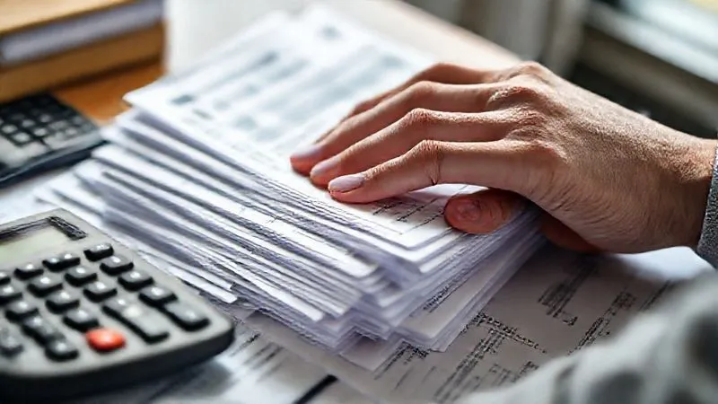 A photorealistic close-up of a hand meticulously sifting through a stack of bank statements and tax documents, with a calculator and pen nearby. The lighting is bright and analytical, emphasizing the detail and effort involved in financial scrutiny. Professional photography, 8K, cinematic lighting, sharp focus on the documents, depth of field blurring the background, shot on a high-end DSLR. The image evokes precision and diligence.