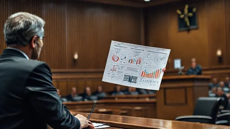 A photorealistic scene of a courtroom with a forensic accountant, dressed professionally, on the witness stand, confidently explaining complex financial charts to a judge. The lighting is clear and authoritative, emphasizing the gravity of the testimony. Professional photography, 8K, cinematic lighting, sharp focus on the witness, depth of field blurring the background, shot on a high-end DSLR. The image conveys credibility and legal process.