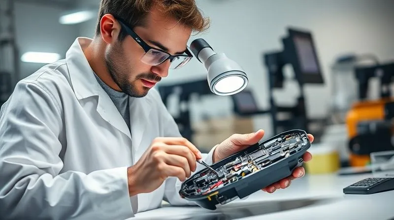 A photorealistic image of a professional product engineer in a lab coat, wearing safety glasses, meticulously examining a disassembled electronic device with specialized tools. A magnifying lamp illuminates the intricate components. The background shows a clean, modern laboratory setting with technical equipment. Cinematic lighting, sharp focus on the engineer's hands and the device, 8K, shot on high-end DSLR.