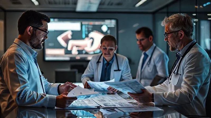 A photorealistic image of a diverse group of experts (an engineer, a doctor, a toxicologist) in a modern conference room, intensely examining old product schematics and medical reports, illuminated by the glow of a large monitor displaying 3D models of a product, cinematic lighting, sharp focus on their collaborative efforts, depth of field blurring the background, 8K hyper-detailed, professional photography, shot on a high-end DSLR.
