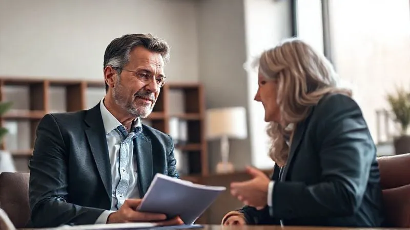 A photorealistic image of a compassionate, experienced lawyer speaking with a client in a modern, well-lit office. The lawyer is leaning forward, actively listening, with legal texts and case files subtly visible in the background. The client looks relieved and understood. Cinematic lighting, sharp focus on their interaction, depth of field blurring the background, 8K hyper-detailed, professional photography, shot on a high-end DSLR.