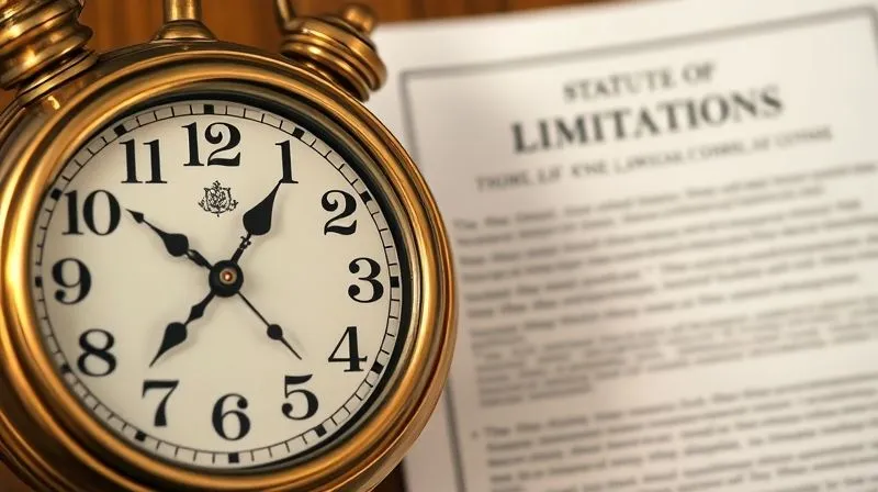 A photorealistic image of a vintage brass ship's clock with a legal document titled 'Statute of Limitations' partially visible in the background, conveying urgency. Cinematic lighting, sharp focus on the clock face and document, depth of field, 8K hyper-detailed, professional photography, shot on a high-end DSLR.